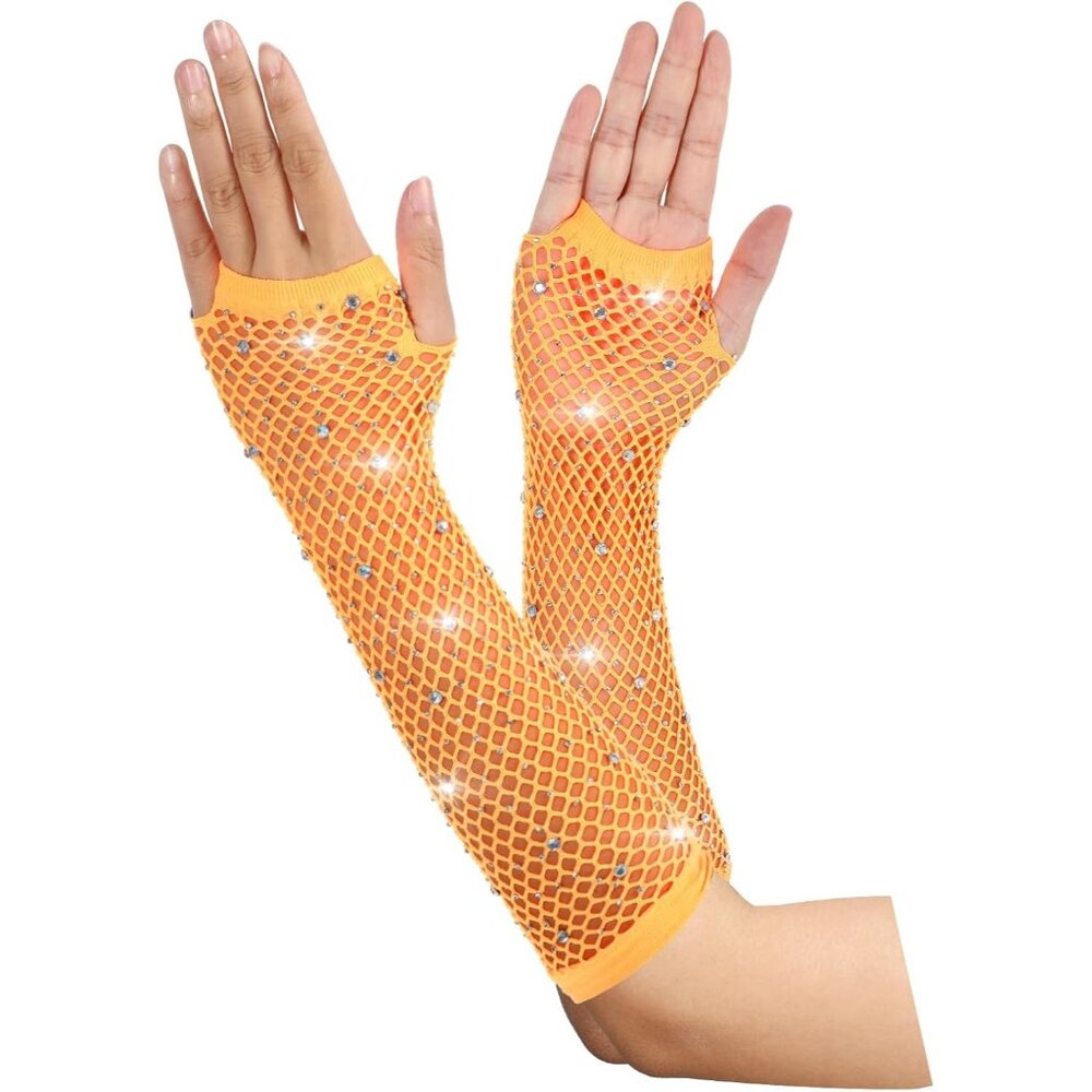 Women's Orange Punk Fish Net Arm Sleeve Rhinestone Gloves Costume Halloween